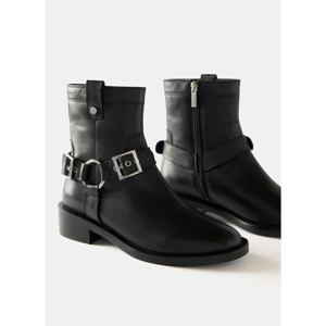 Mint Velvet Black Leather Buckled Biker Ankle Boots